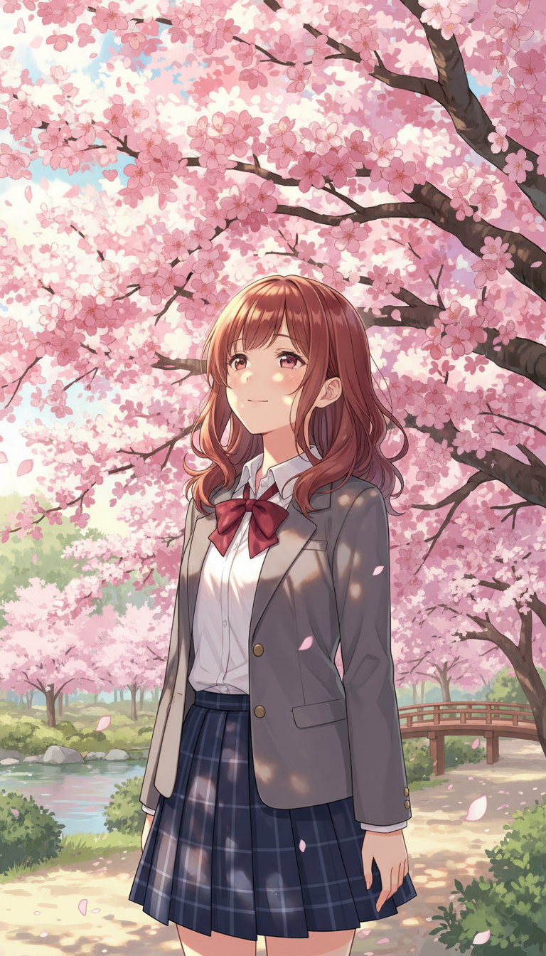 벚꽃을 바라보는 여고생의 애니메이션 스타일 일러스트.