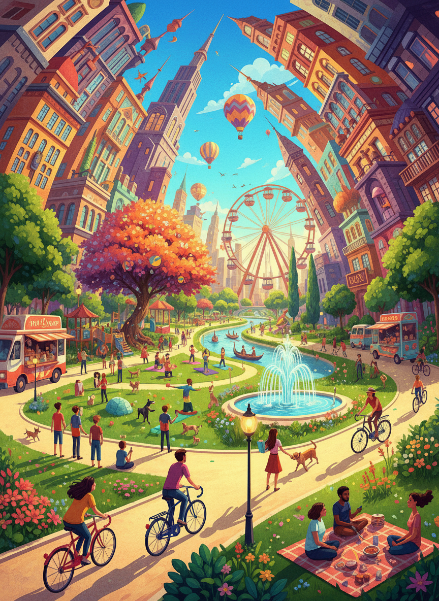다양한 사람들로 붐비는 도시 공원의 도시 풍경 일러스트, 활기찬 장면, 생생한 색상, 약간 과장된 원근법.