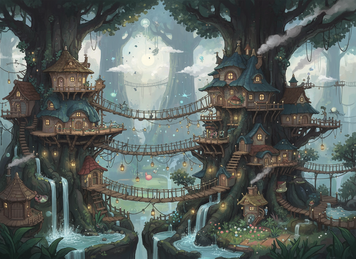 거대한 고대 나무에 지어진 복잡한 나무 위 마을 일러스트.