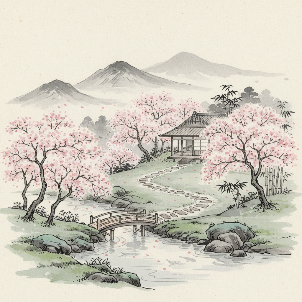벚꽃이 피어있는 고요한 일본식 정원 먹물 일러스트.