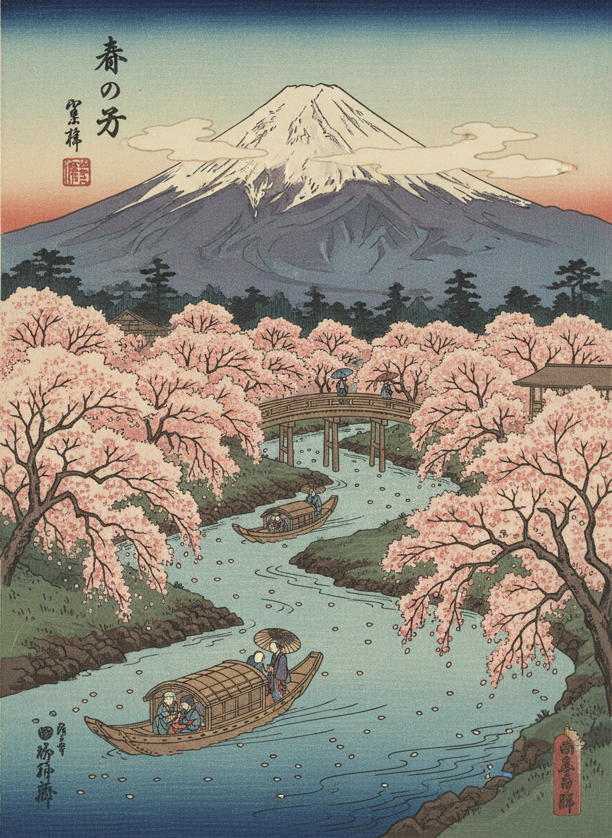 후지산을 배경으로 강변 벚꽃을 그린 일본 우키요에 스타일 일러스트, 목판화 질감.