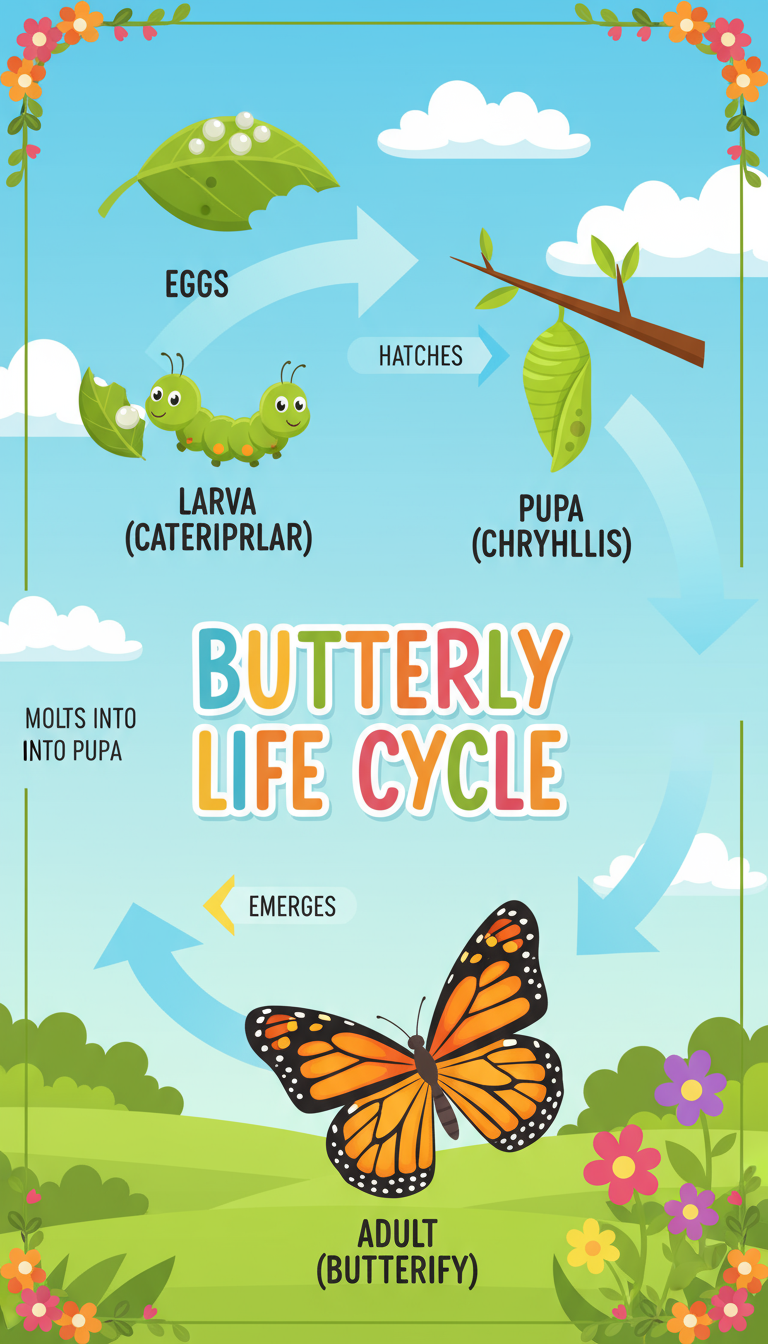 나비의 생애 주기를 보여주는 교육용 인포그래픽 일러스트, 명확한 레이블, 밝고 매력적인 색상.