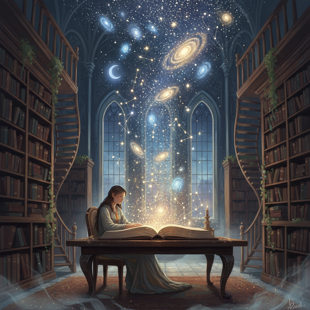 책 속의 글자들이 작은 별자리로 변하는 독서하는 사람의 마법적 사실주의 일러스트.