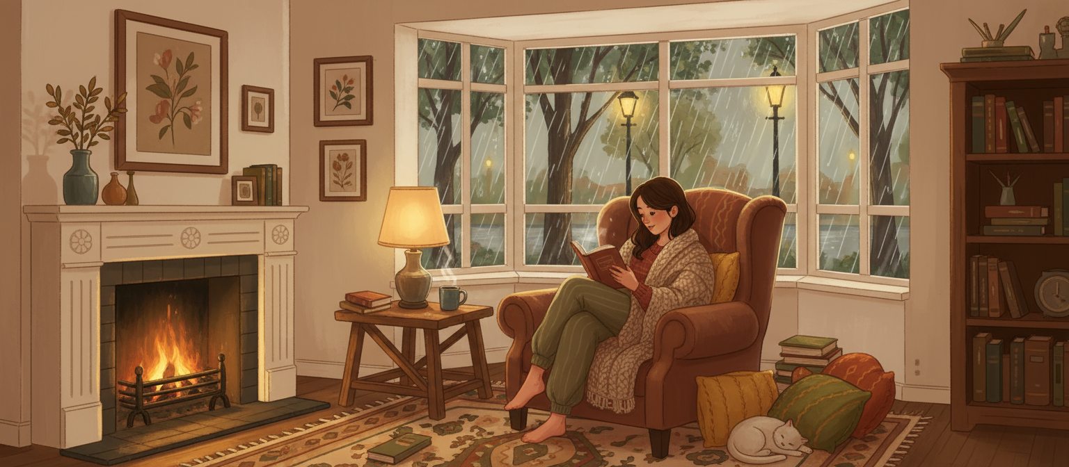 비 오는 날 창가에서 책을 읽는 사람의 아늑한 일러스트.