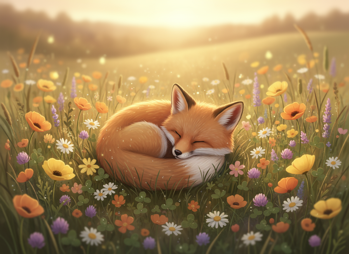 야생화 밭에서 평화롭게 잠자는 여우 새끼를 그린 귀여운 동물 일러스트, 부드러운 그림체, 따뜻한 빛.