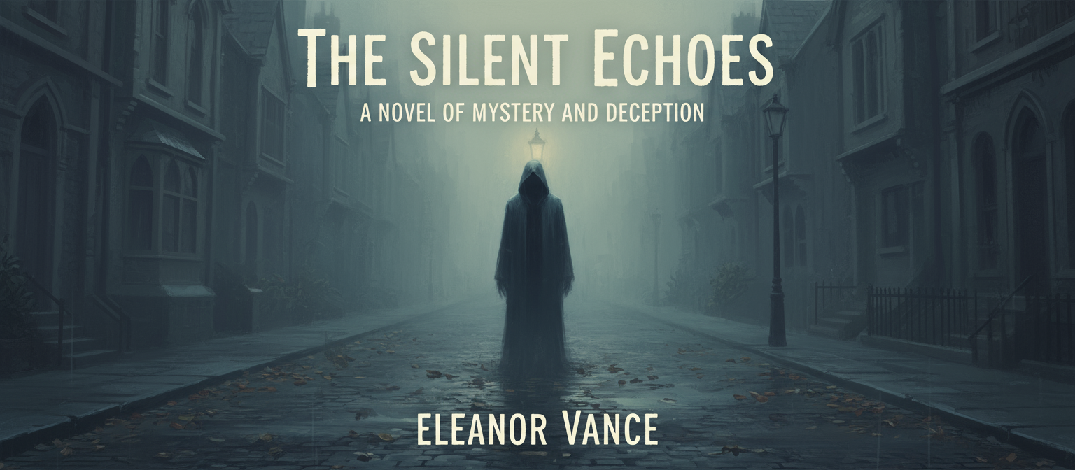 미스터리 소설을 위한 책 표지 일러스트: 안개 낀 거리의 그림자 인물, 차분한 색감, 불길한 분위기.