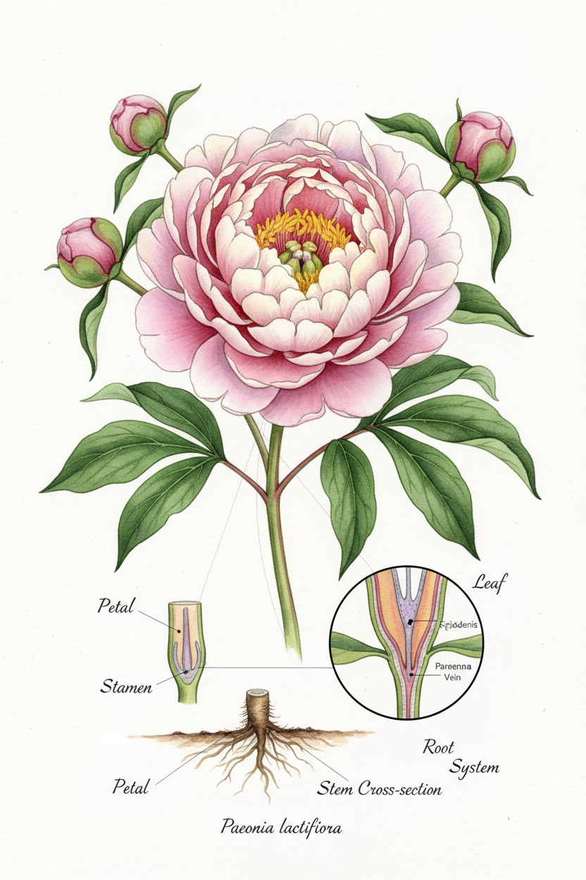 피어나는 모란의 사실적인 식물 일러스트, 복잡한 과학적 세부 묘사, 섬세한 붓놀림, 흰색 배경.