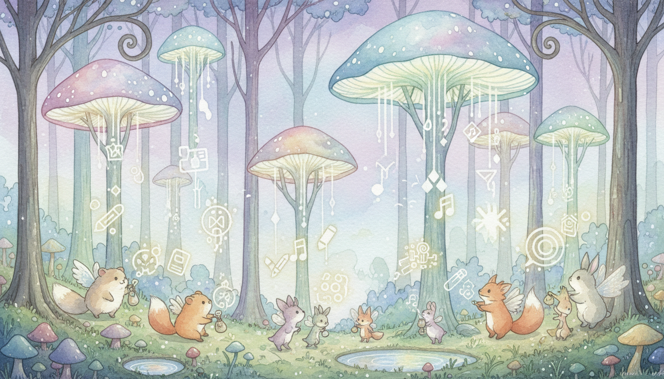 마법 숲 속 작은 생물들이 버섯 모양 구름에서 빛나는 창작 파일을 다운로드하는 모습을 담은 환상적인 수채화 일러스트레이션.
