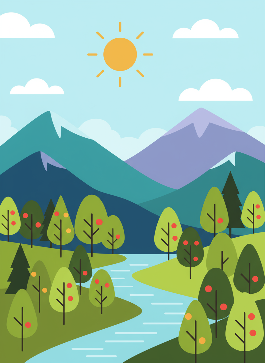 밝은 하늘 아래 나무와 산을 묘사한 생동감 있고 미니멀한 플랫 디자인 스타일의 숲 풍경 일러스트레이션.