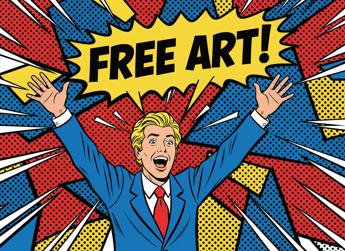 코믹 스타일로 '무료 아트!'를 외치는 사람의 팝아트 일러스트.