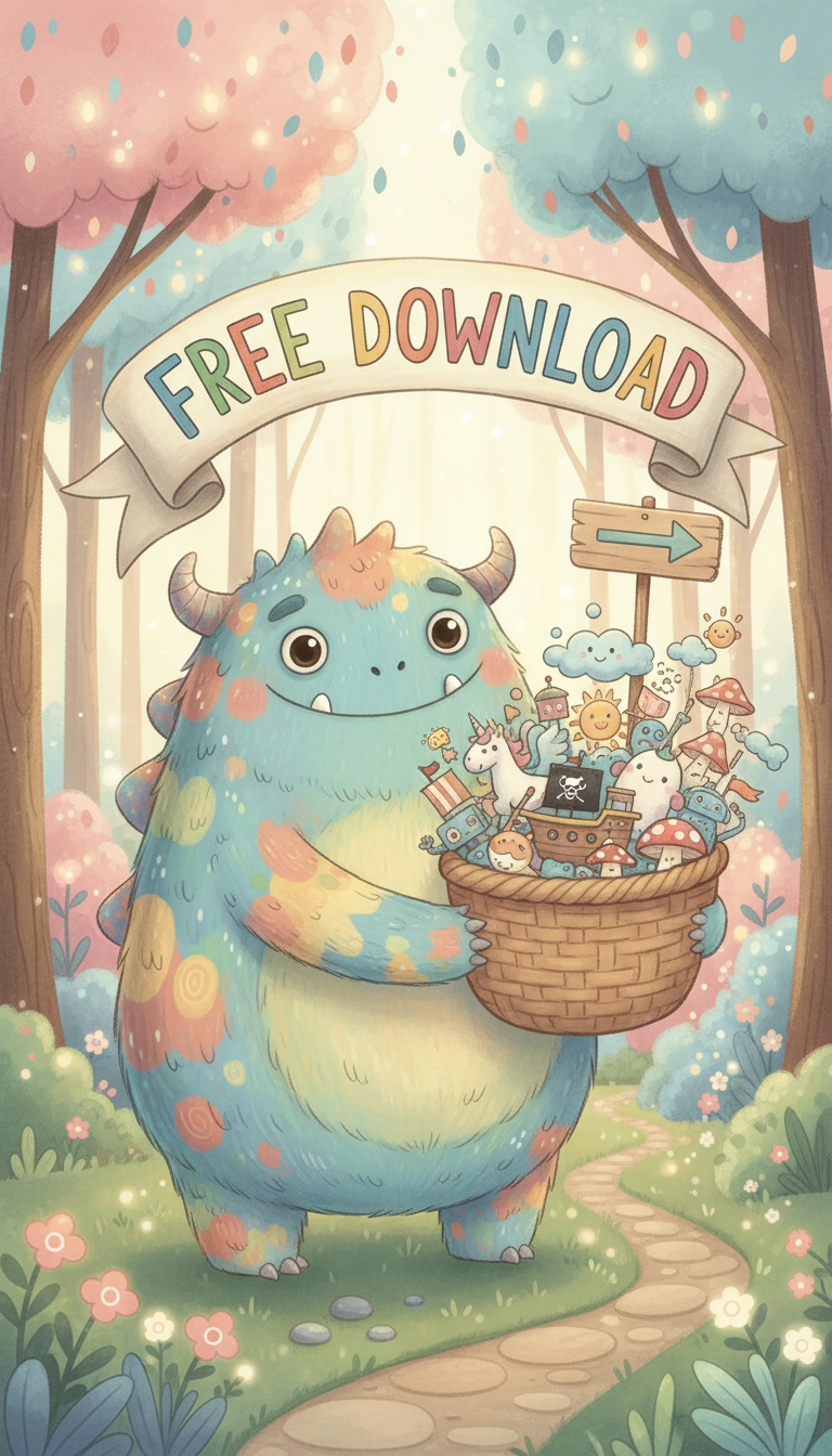 친근한 괴물이 무료 일러스트 바구니를 건네는 장난스러운 동화책 일러스트.