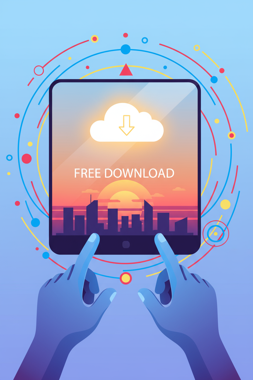 일몰 도시 풍경이 비치는 화면에서 다운로드 아이콘으로 손을 뻗는 모습으로, 무료 다운로드를 표현한 이미지입니다.
