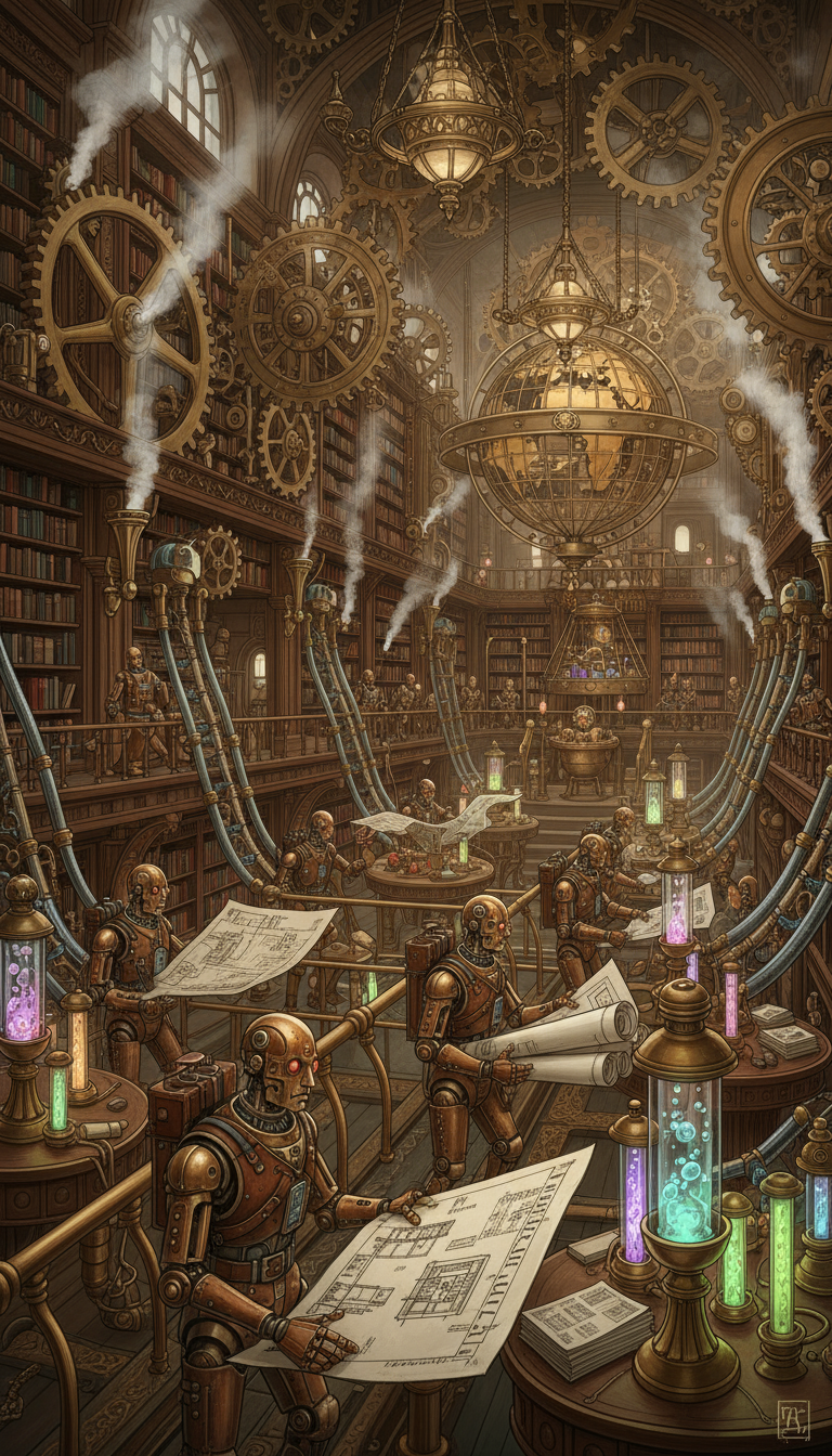 도서관에서 무료 예술 설계도를 정리하는 오토마톤의 스팀펑크 일러스트.