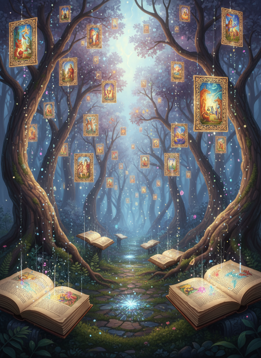 잎사귀 대신 정교한 일러스트를 맺는 나무들과 디지털 반짝임이 열린 책 페이지 위로 떨어지는 환상의 숲 풍경.
