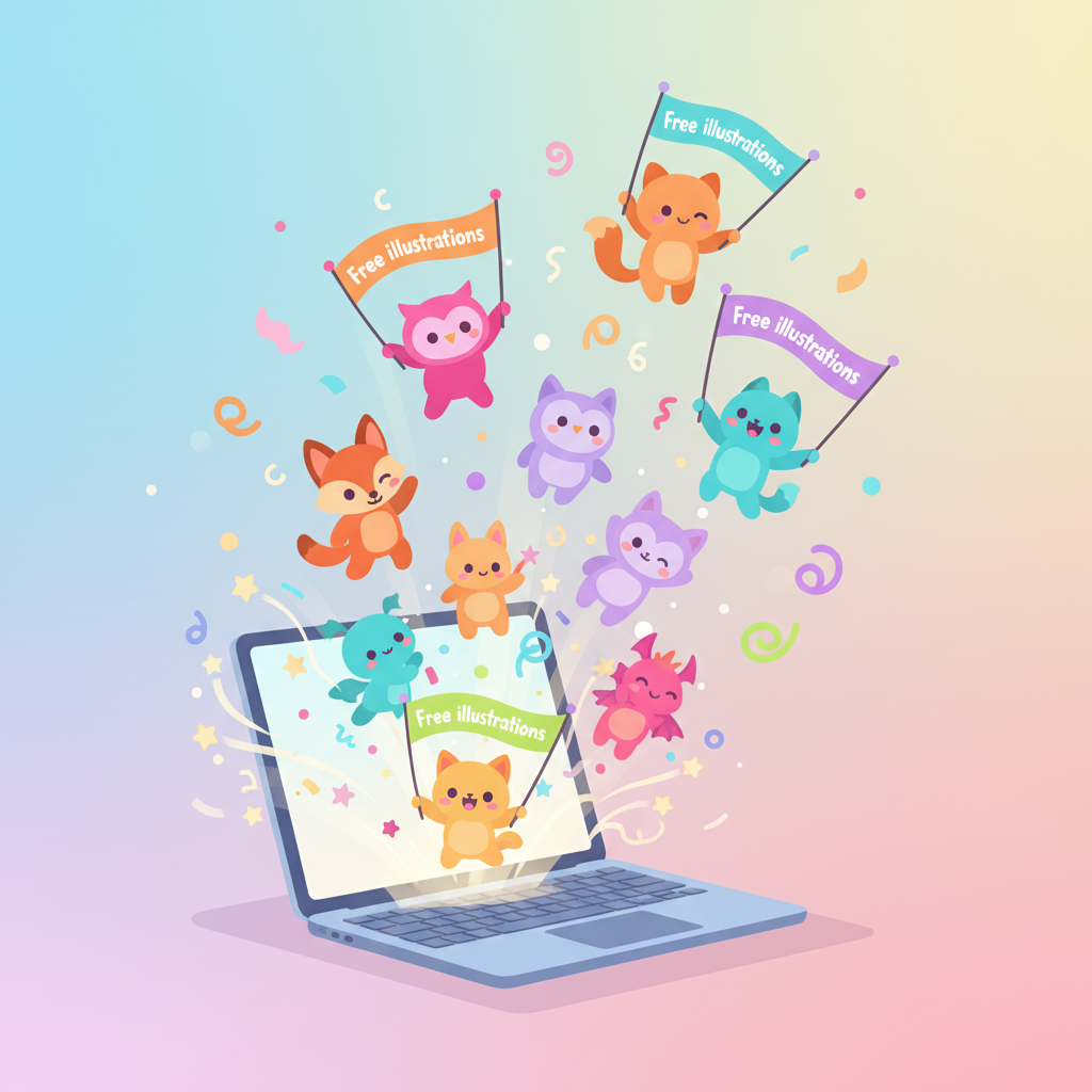 파스텔 그라데이션 배경에서 "무료 일러스트" 배너를 들고 노트북 화면 밖으로 날아가는 익살스러운 벡터 캐릭터들.