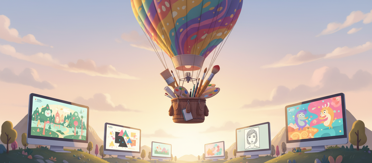 컴퓨터 화면으로 양식화된 산 위로 예술 도구가 가득 담긴 열기구가 떠다니며 다양한 무료 일러스트를 보여줍니다.