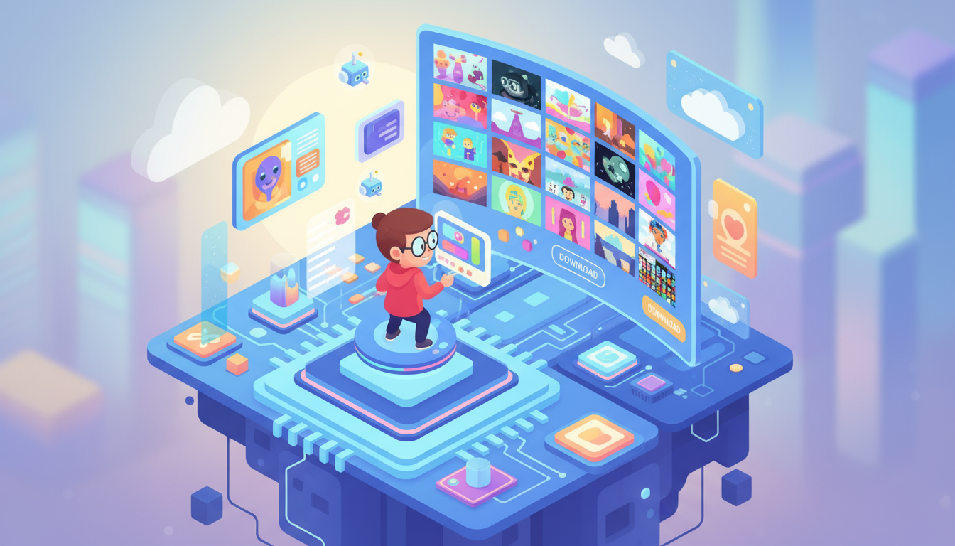 무료 디지털 일러스트 온라인 마켓플레이스를 묘사한 아이소메트릭 일러스트.