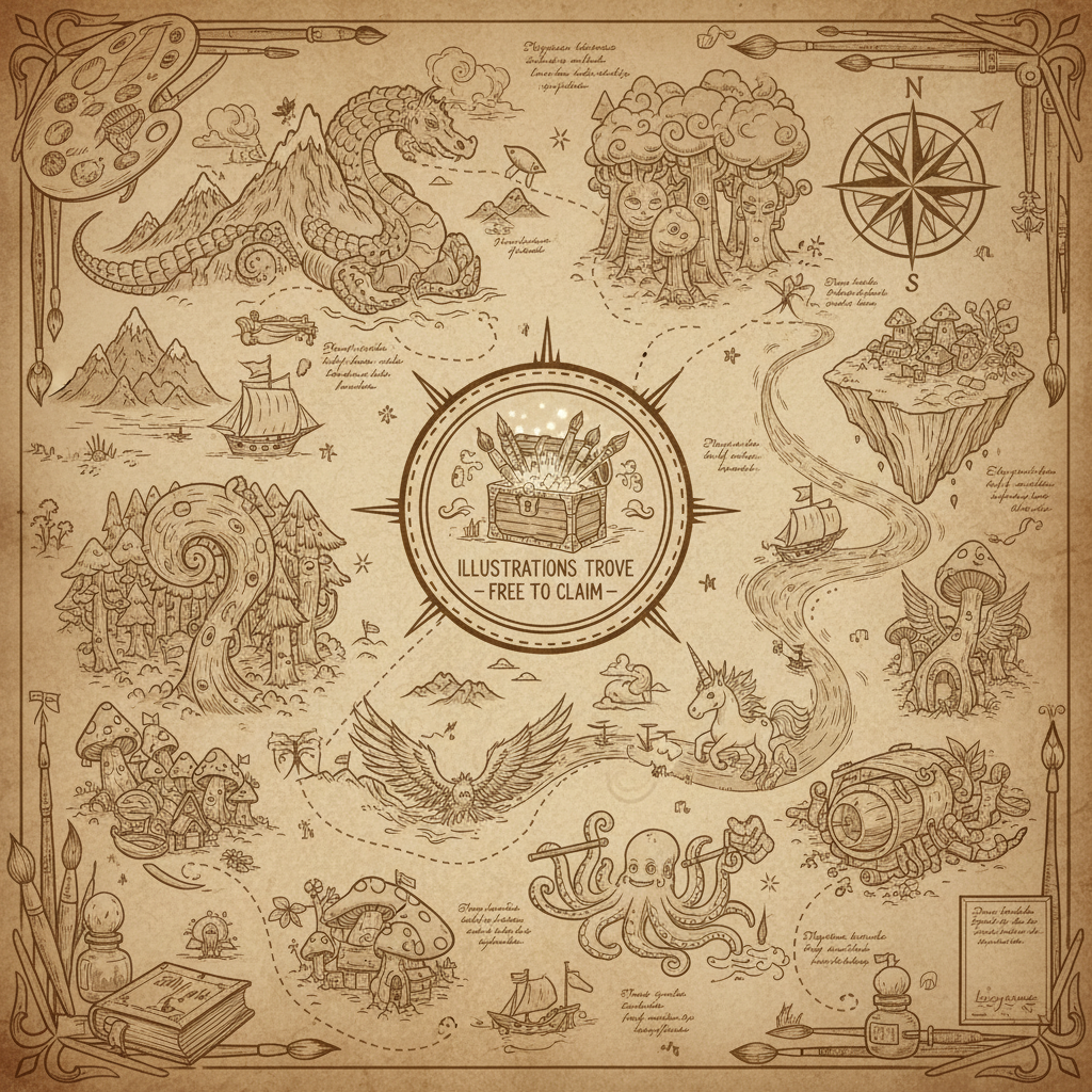 '무료 일러스트 보물창고'로 이끄는 판타지 보물지도 일러스트.