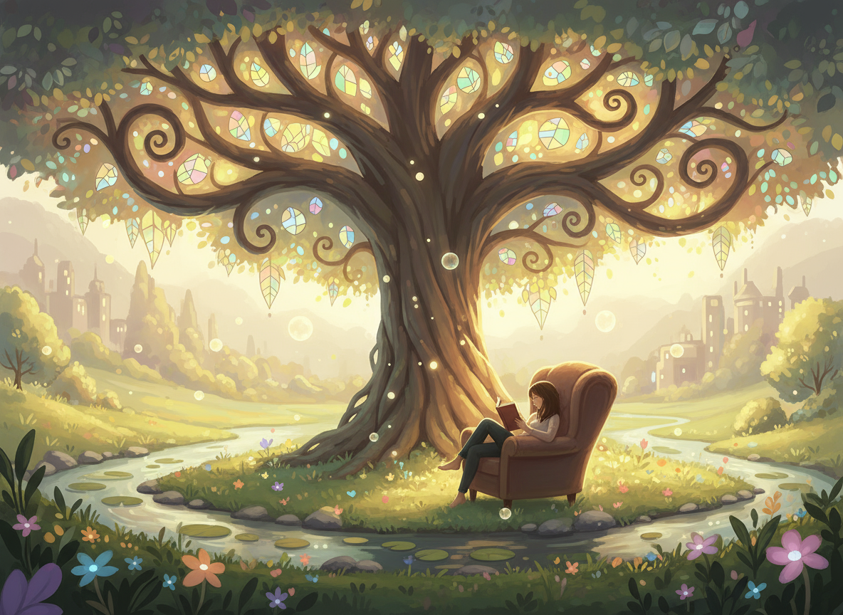 평화로운 공원에서 기발한 나무 아래 책을 읽는 사람을 묘사한 디지털 아트 일러스트레이션.