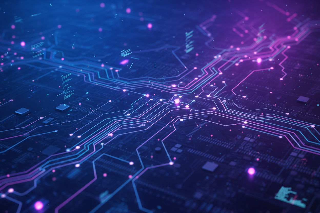 서로 연결된 선, 빛나는 노드, 디지털 회로를 특징으로 하는 추상 기술 배경 일러스트레이션.