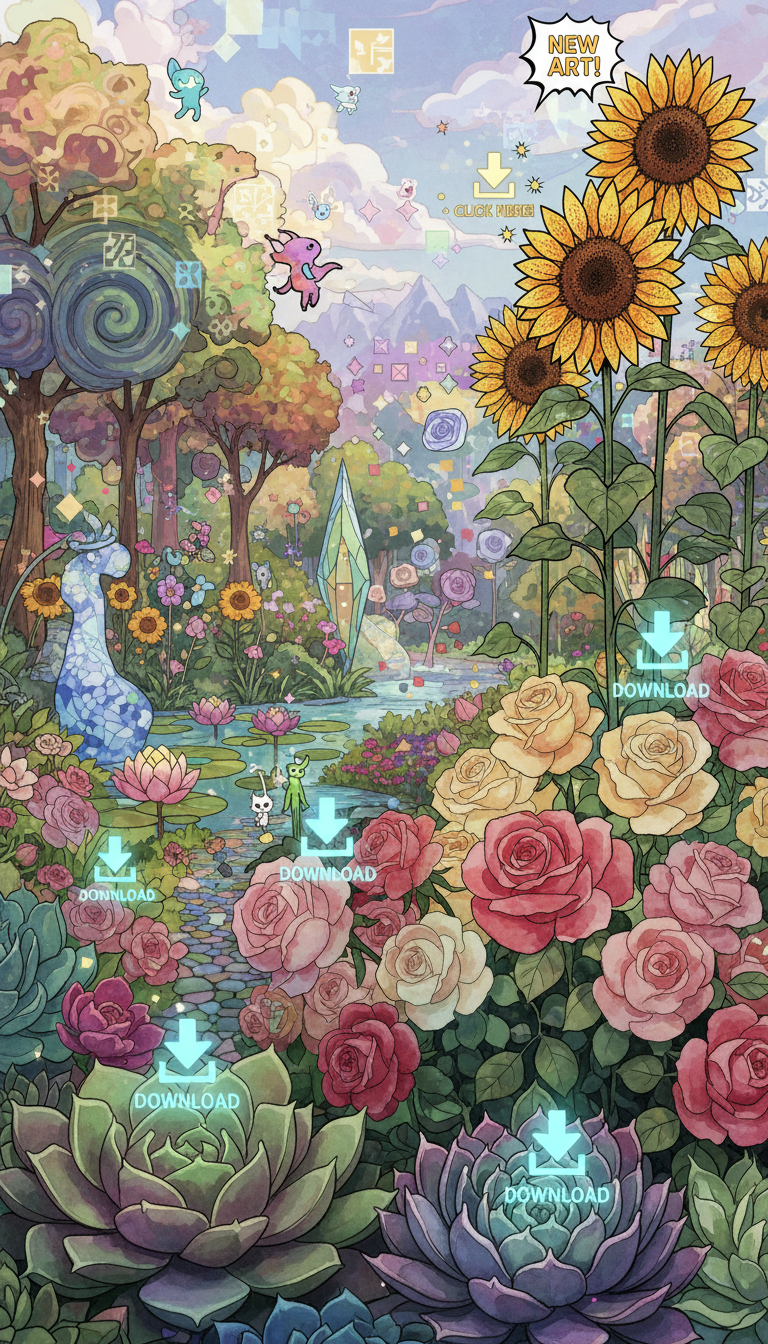 픽셀 아트 선인장, 수채화 장미, 만화책 해바라기 등 다양한 예술 스타일의 꽃들이 피어나고 그 위로 작은 디지털 다운로드 아이콘이 떠다니는 환상적인 정원.