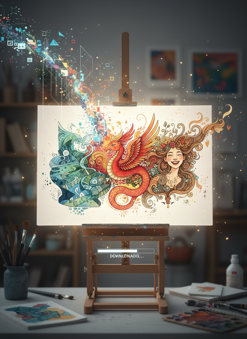 빈 캔버스에 다양한 일러스트가 폭발적으로 "다운로드"되면서 생생하고 완전한 예술 작품이 탄생하는 영감을 주는 구성.