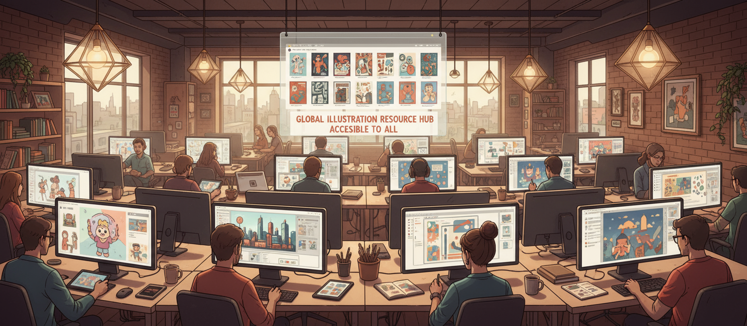 현대적인 크리에이티브 허브 책상마다 다양한 일러스트가 전시되어 있어 무료 리소스의 접근성을 강조합니다.