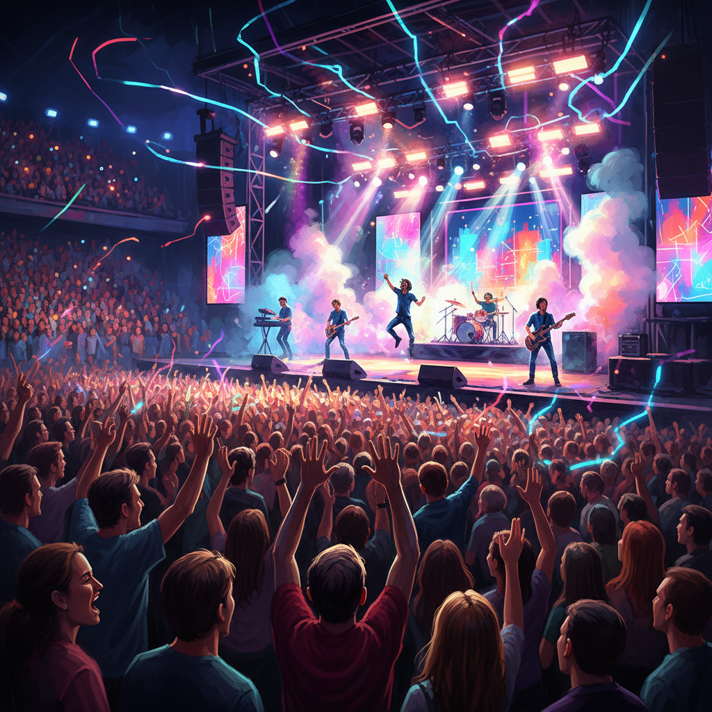 환호하는 관중과 밝게 빛나는 무대에서 공연하는 밴드를 묘사한 음악 콘서트 일러스트레이션.