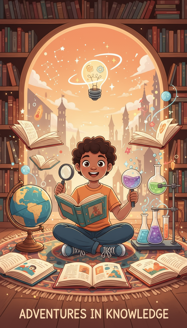 책, 지구본, 실험 장비에 둘러싸인 어린 학생을 보여주는 교육 콘셉트 일러스트레이션.