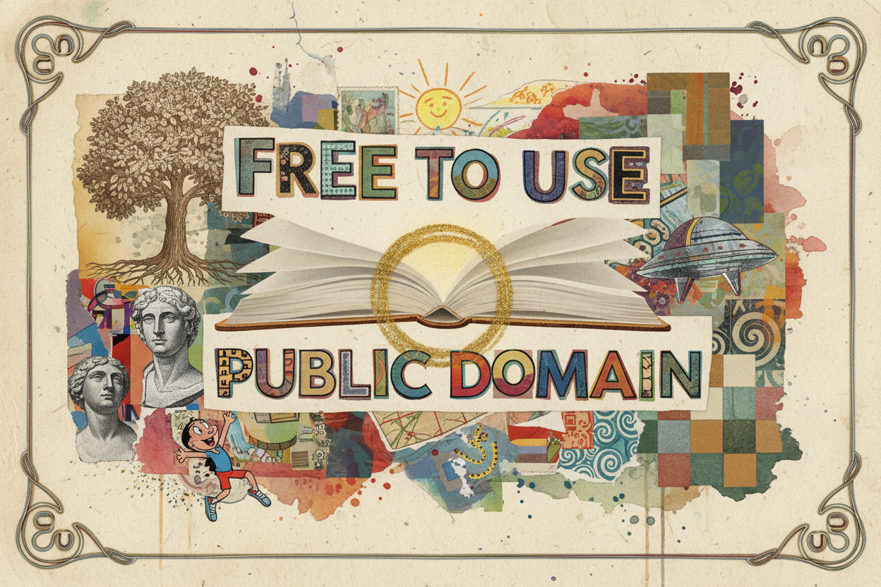 '무료 사용'을 중심으로 한 다양한 예술 작품의 혼합 미디어 콜라주 일러스트.