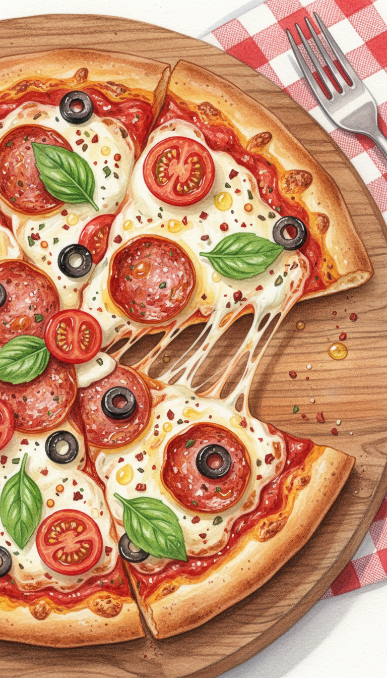 녹아내리는 치즈와 신선한 토핑이 있는 맛있는 피자 한 조각의 사실적인 일러스트레이션, 위에서 본 모습.