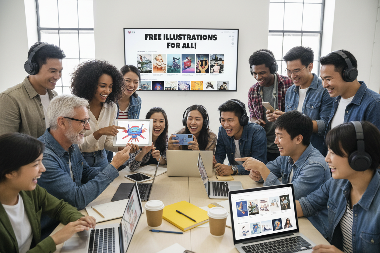 다양한 사람들이 여러 기기에서 고품질 무료 일러스트를 즐겁게 검색하고 다운로드하는 즐거운 분위기.