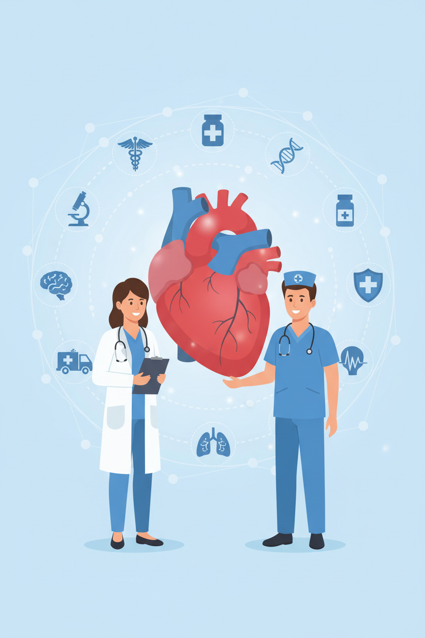의료 및 건강 관리 개념 일러스트레이션: 의사와 간호사가 거대한 심장 옆에 서 있고 의료 아이콘으로 둘러싸여 있음.