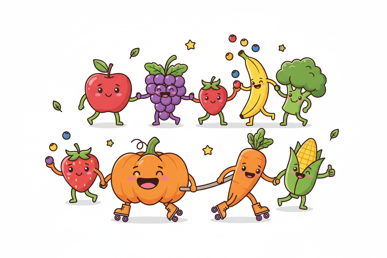 다양한 과일과 채소들이 장난스럽게 어울리는 귀여운 카툰 스타일 일러스트레이션.