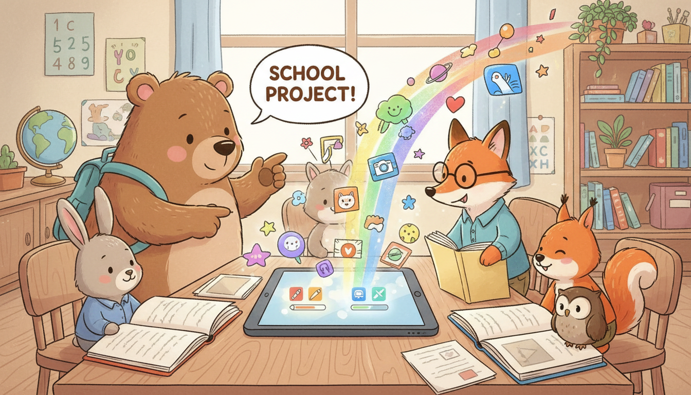 친근한 동물들이 태블릿 주위에 모여 학교 프로젝트를 위해 다채로운 그림을 다운로드하는 아이들을 위한 재미있는 만화 일러스트.