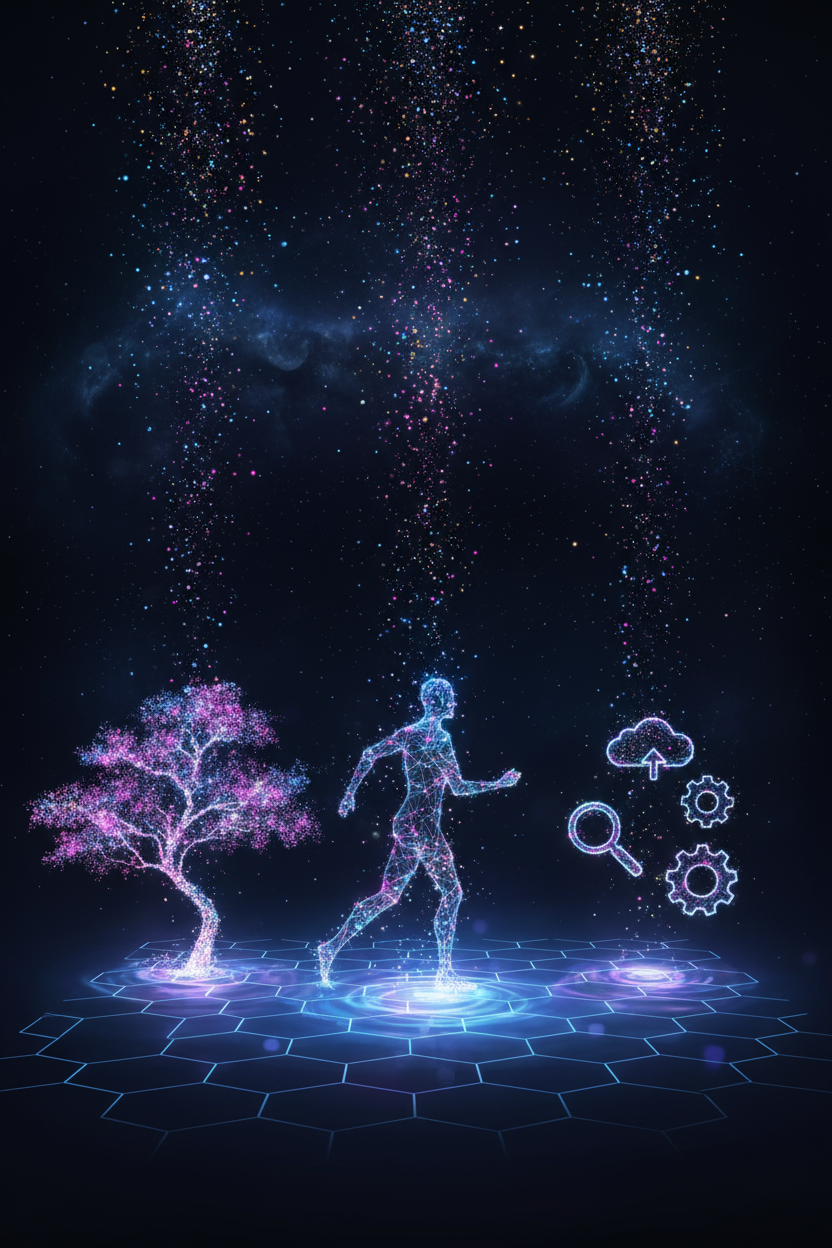 디지털 캔버스 위로 빛나는 데이터 입자들이 나무, 사람 형상 등의 일러스트 모양으로 합쳐지는 추상적이고 초월적인 표현.
