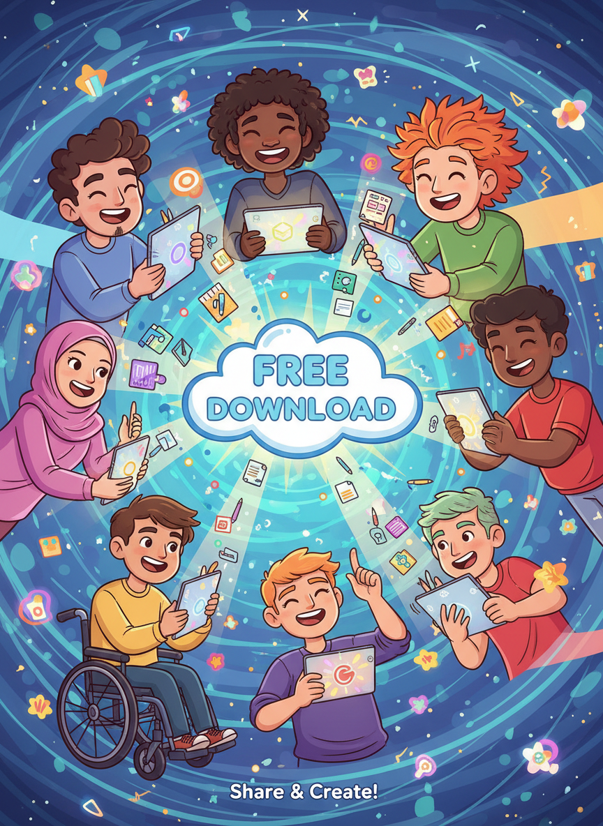 디지털 일러스트 파일을 행복하게 공유하는 다양한 캐릭터들의 모습을 담은, 무료 다운로드 커뮤니티를 표현한 일러스트.