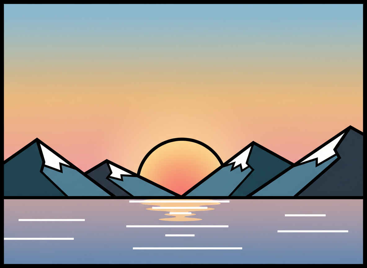 굵은 도형과 그라데이션 하늘이 있는 해돋이 산과 호수의 미니멀한 기하학적 일러스트레이션.
