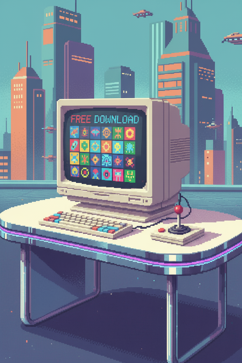 무료 픽셀 아트 다운로드를 보여주는 복고풍 컴퓨터 화면의 픽셀 아트 일러스트.