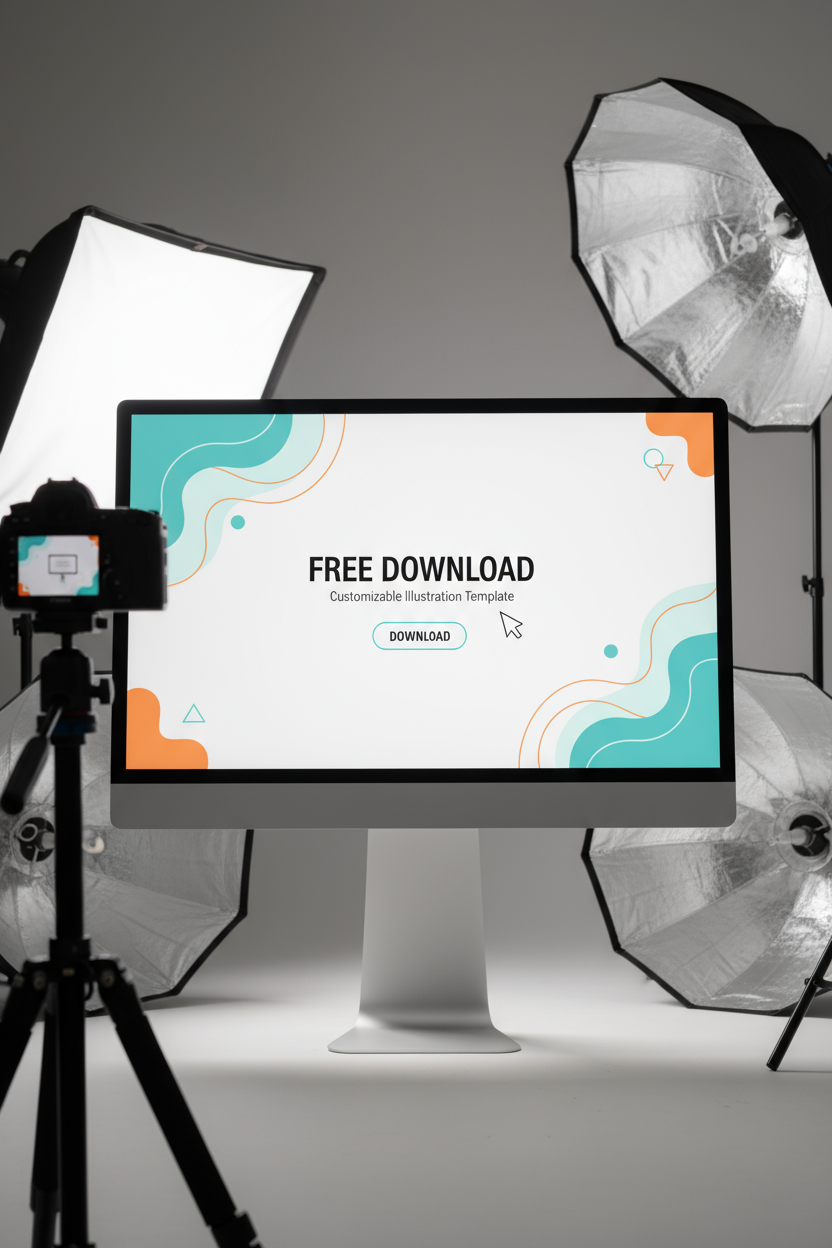 깔끔한 흰색 모니터 화면에 완벽하게 렌더링된 사용자 정의 가능한 일러스트 템플릿이 무료 다운로드 준비 중인 전문 스튜디오 세팅.