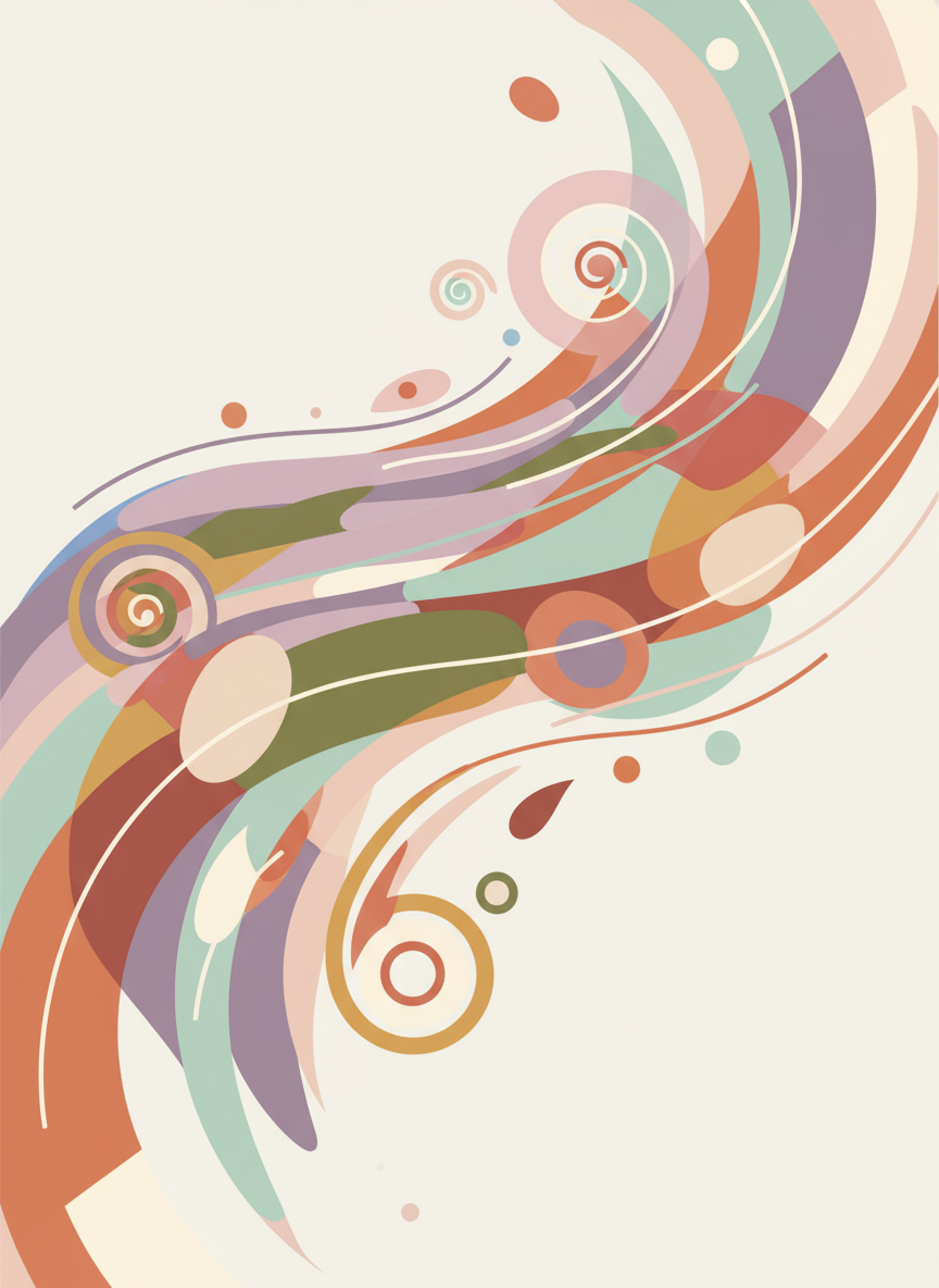 부드러운 파스텔 및 자연색 톤으로 흐르는 선과 도형이 있는 추상 기하학적 패턴 일러스트레이션.