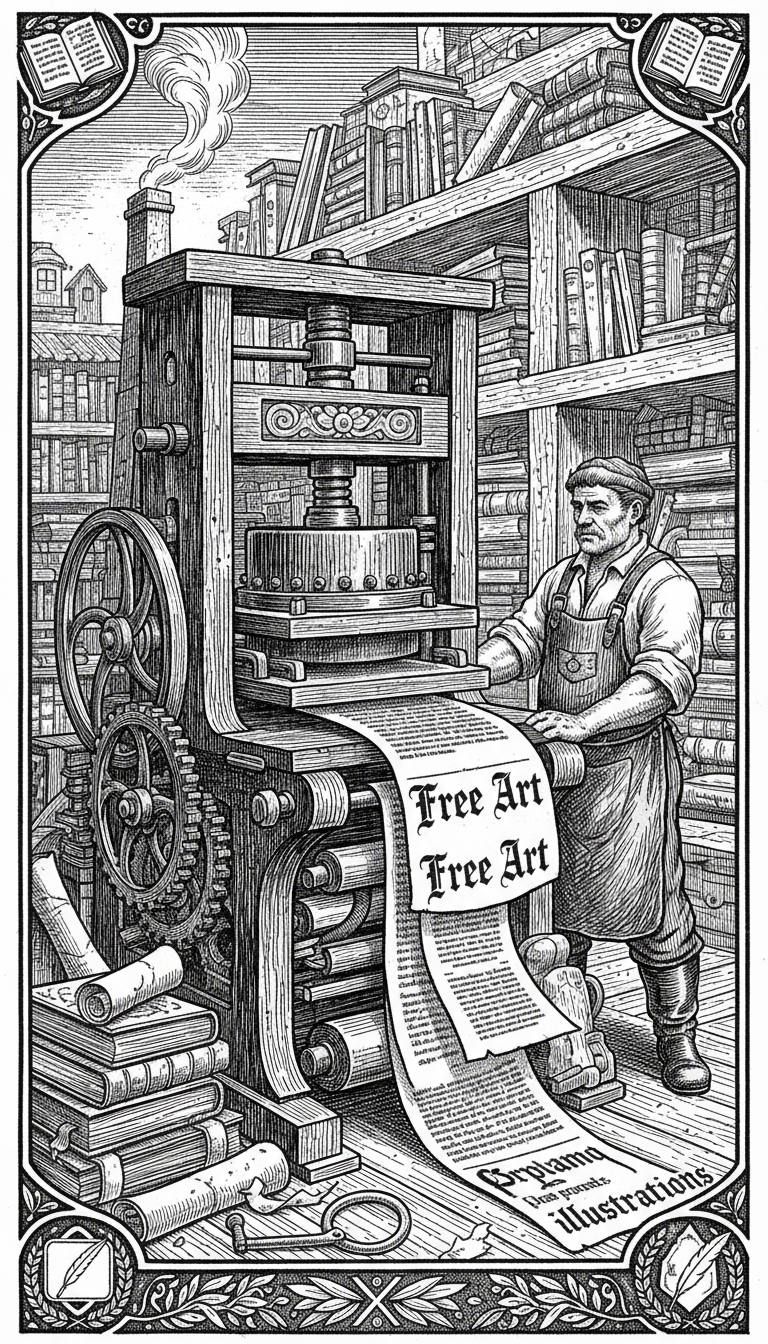 무료 예술을 생산하는 골동품 인쇄기를 묘사한 흑백 판화 일러스트.