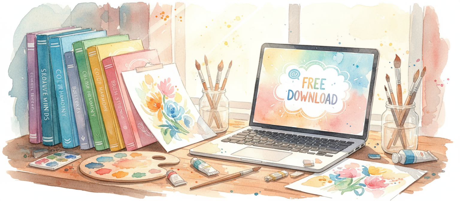 다운로드 화면이 있는 노트북과 미술 도구들을 묘사한 수채화 일러스트.