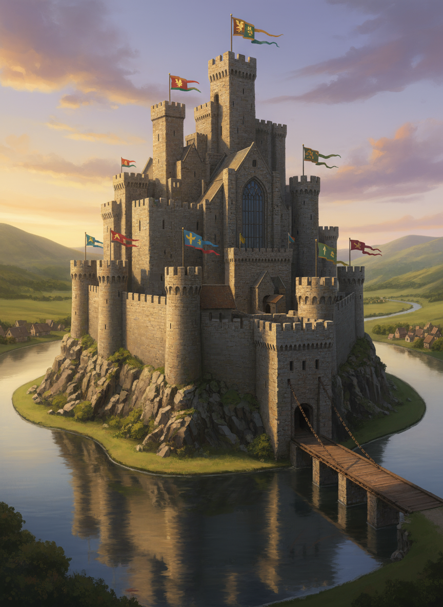 깃발과 해자가 있는 언덕 위의 매우 정교한 중세 성 일러스트레이션, 사실적인 디지털 그림.