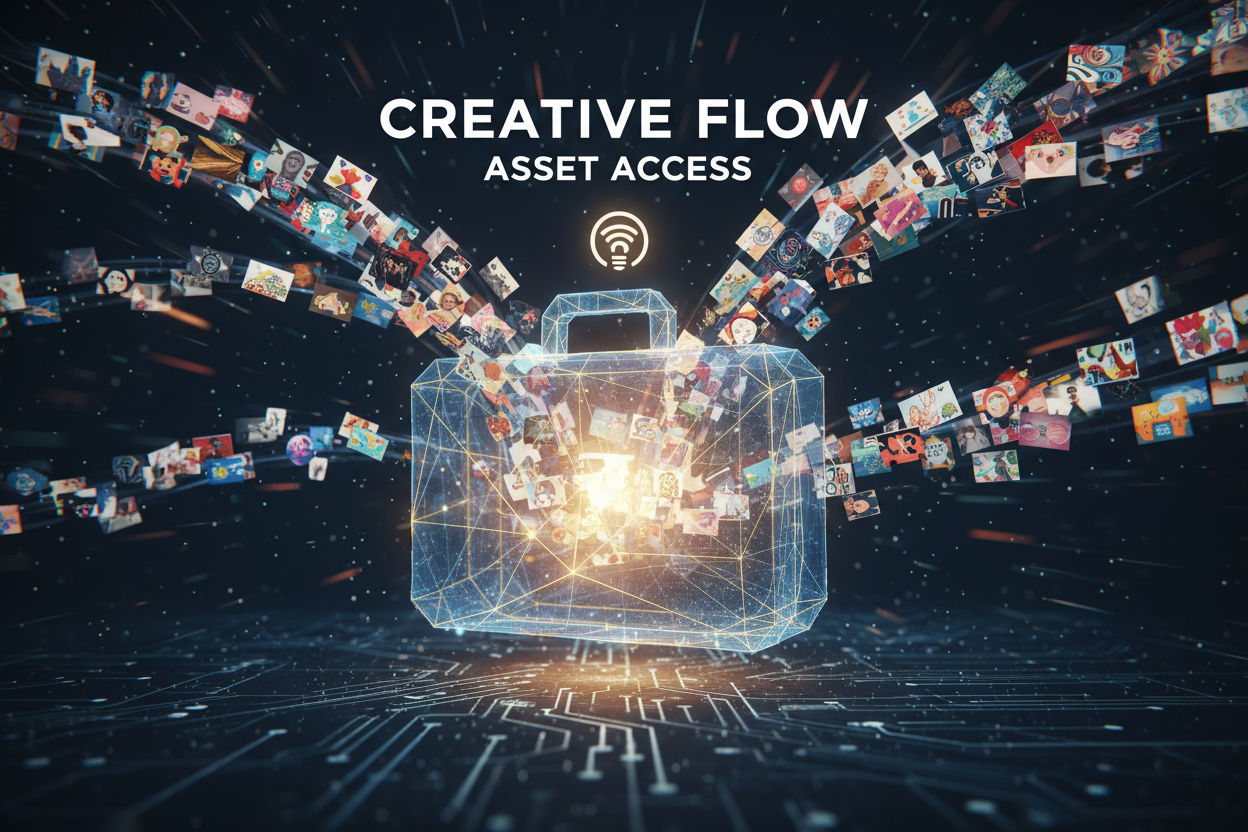 다양한 일러스트 썸네일이 빛나는 디지털 서류 가방으로 빠르게 흘러들어가는 역동적인 모션 그래픽 정지 이미지, 풍부한 자산 접근성을 나타냅니다.