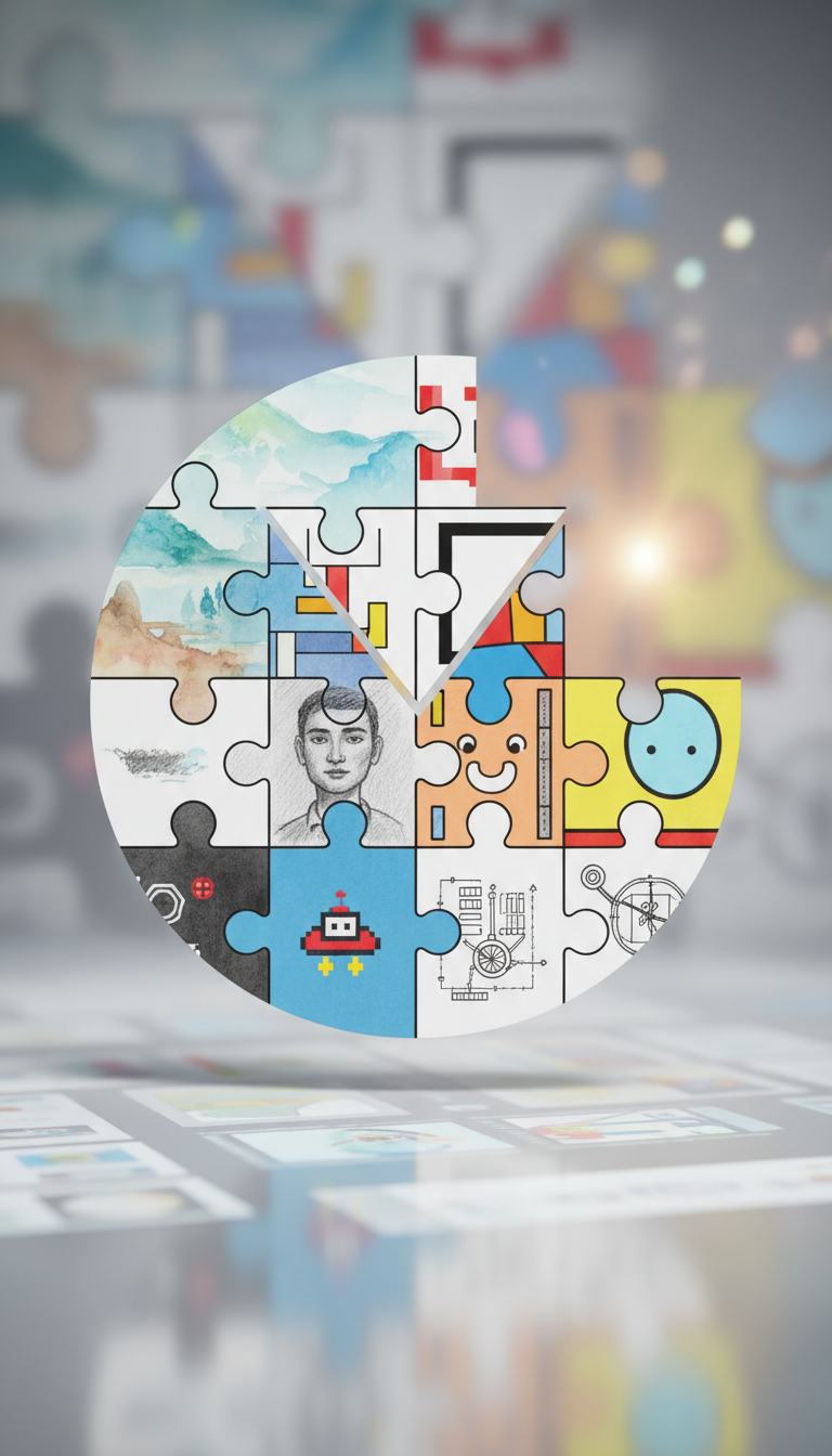 다양한 일러스트 스타일의 직소 퍼즐 조각들이 모여 다운로드 아이콘을 형성하는 모습.