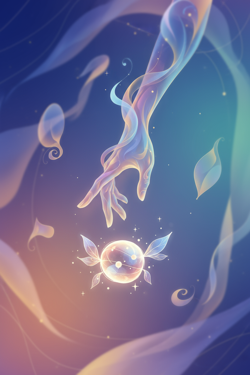 흐르는 듯한 다채로운 그라디언트 배경과 추상적인 유기적 도형, 그리고 손이 디지털 공간에서 일러스트를 집어 드는 모습.