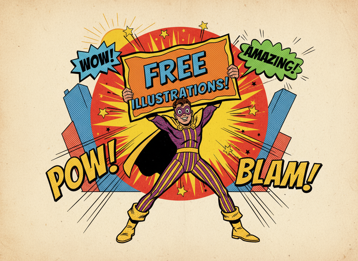 '무료 일러스트!'라고 적힌 팻말을 든 사람을 담은 레트로 만화책 스타일 일러스트레이션.