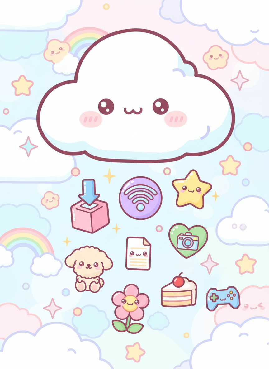 귀여운 구름이 다운로드 아이콘과 일러스트를 떨어뜨리는 카와이 만화 일러스트.