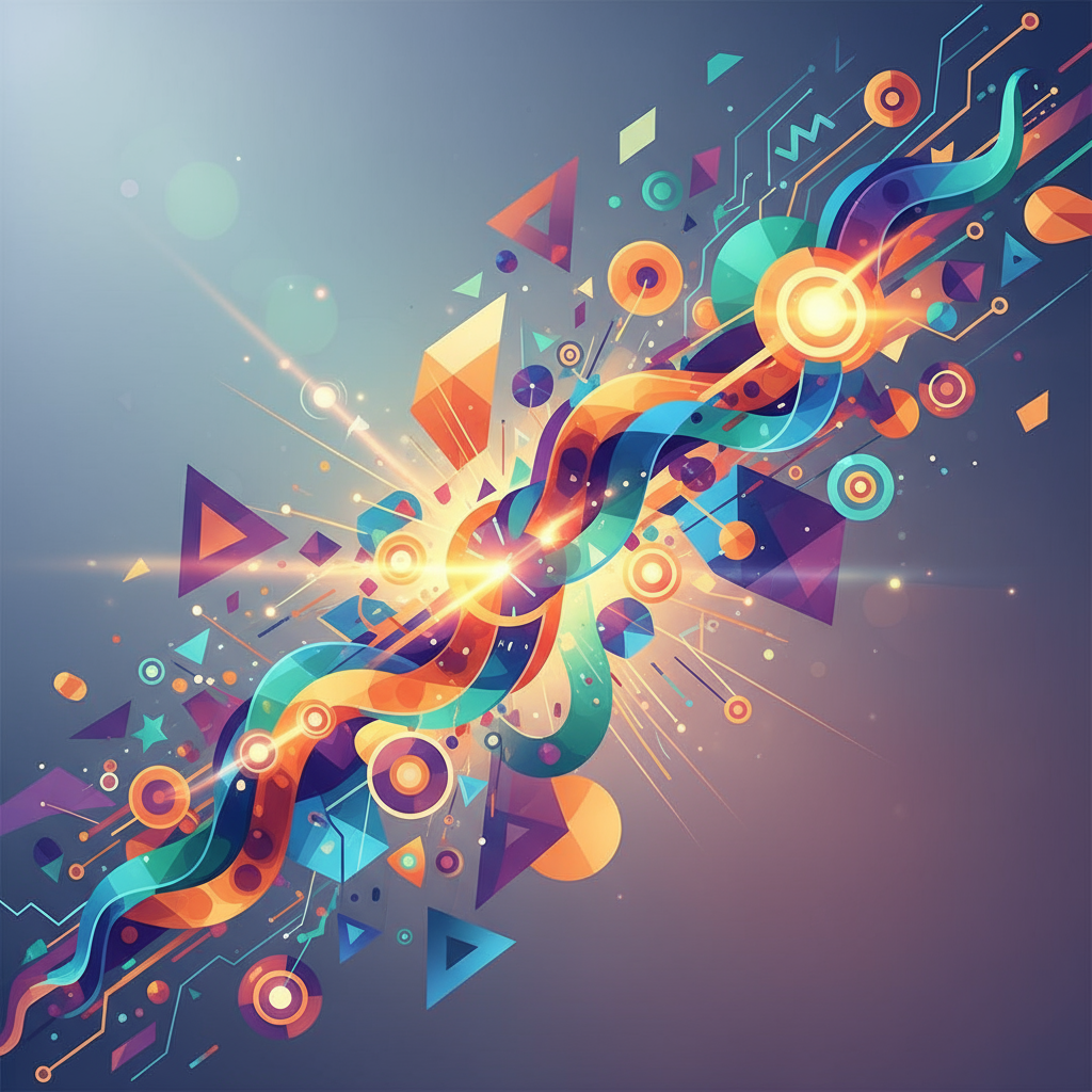 창의적인 데이터 전송과 접근성을 상징하는 추상적인 기하학 일러스트.